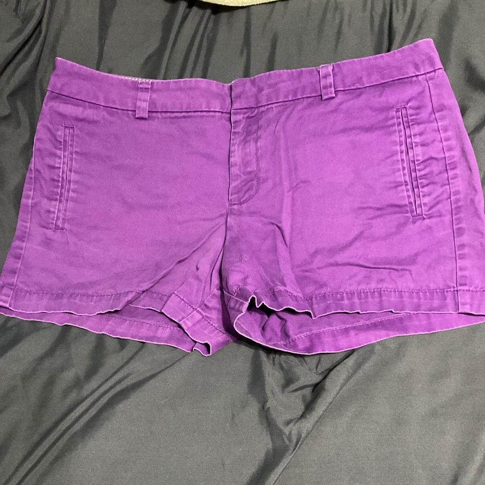 Stylus purple shorts, 4 pocket, hook, zipper and button closure. W83